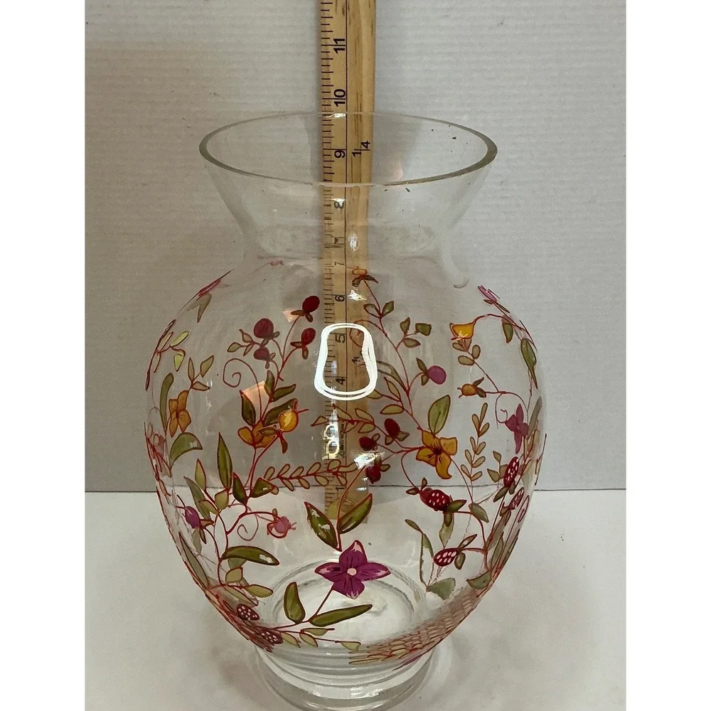Hand Painted Glass Vase Floral Berry Vine Clear 9.5 Inch Cottagecore